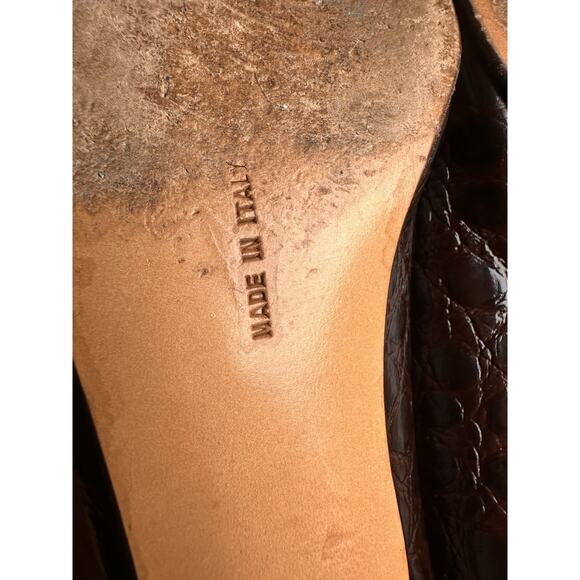 Vtg 90’s Salvatore Ferragamo Brown Calf Croc Leather Gold Bow Vara Shoes Sz 8 B - Picture 10 of 16